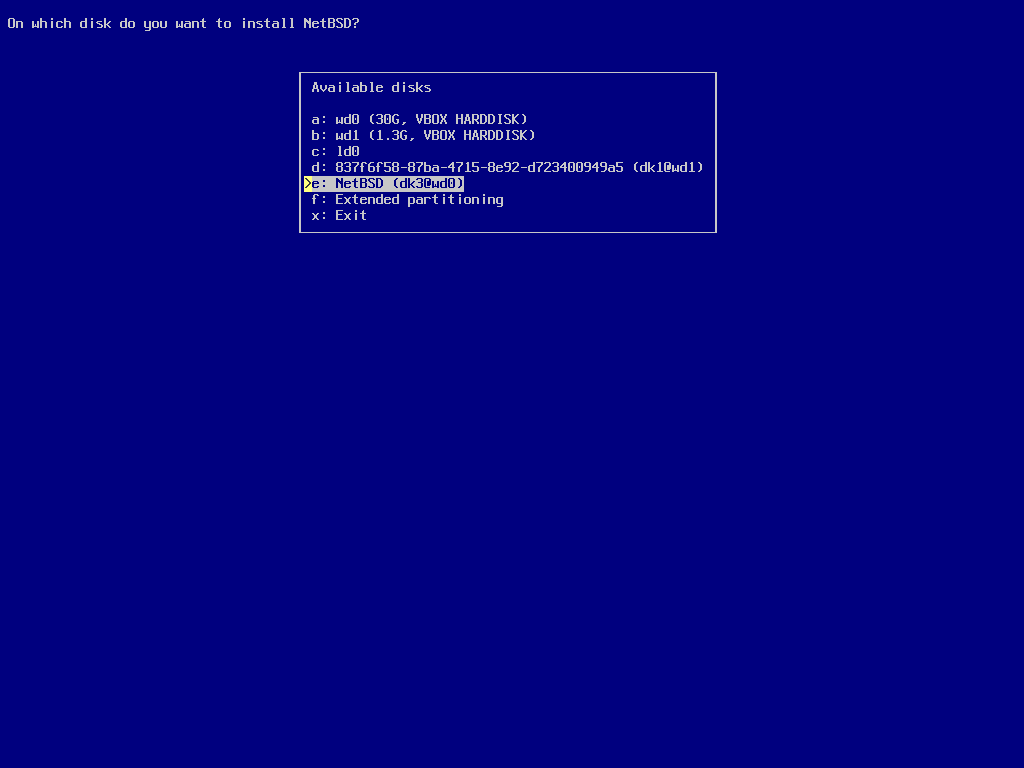 screenshot of sysinst selecting the target disk