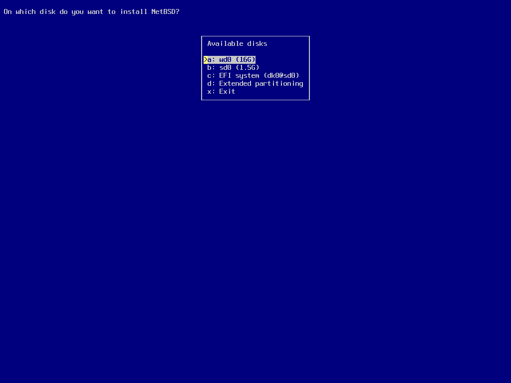 screenshot of sysinst disk selection