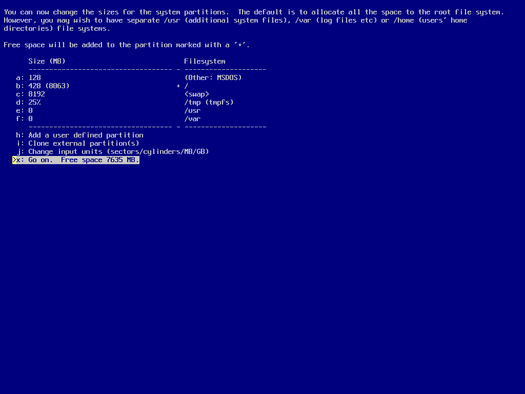 screenshot of sysinst partition size display