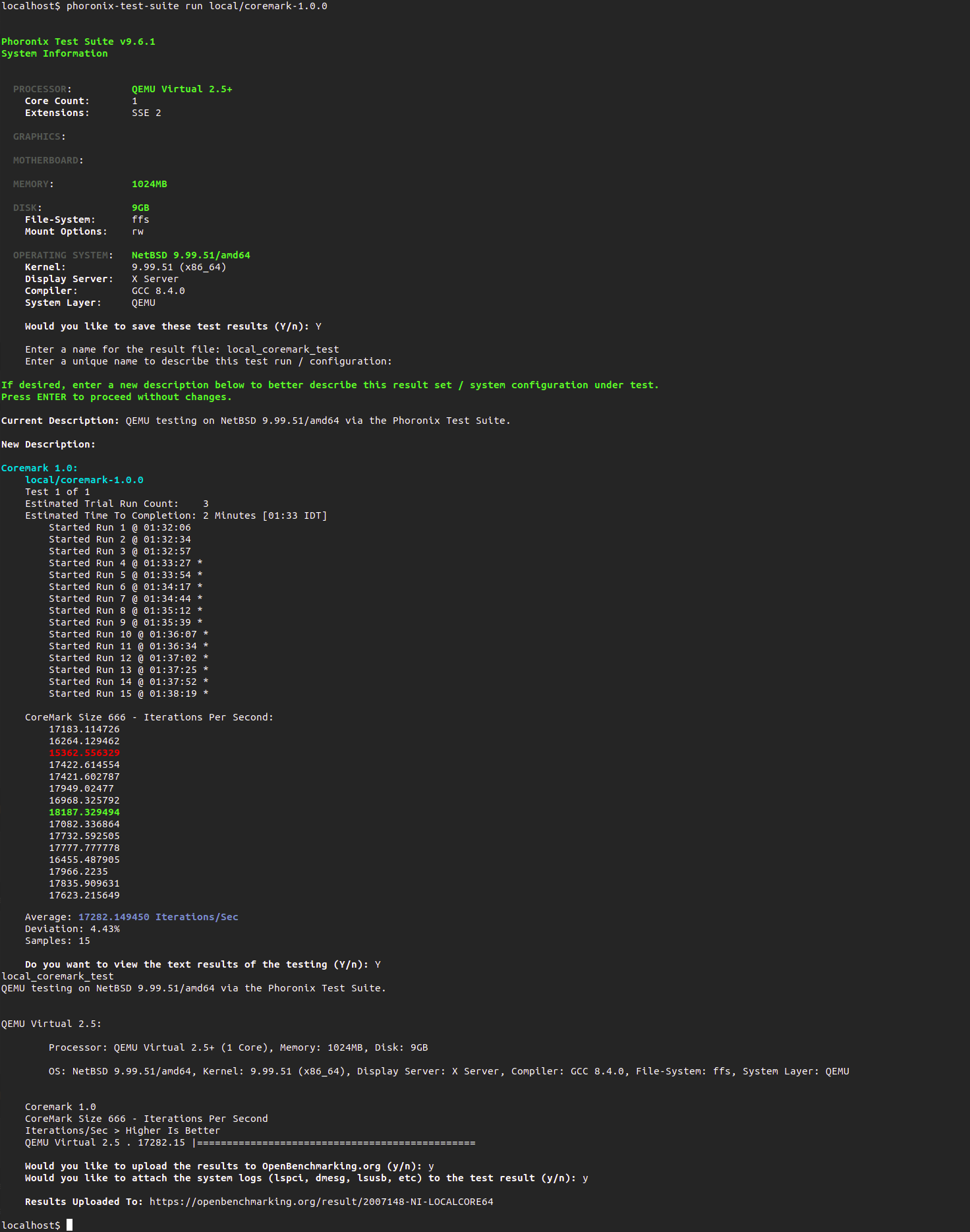 Screenshot of patched coremark PTS test-profile results