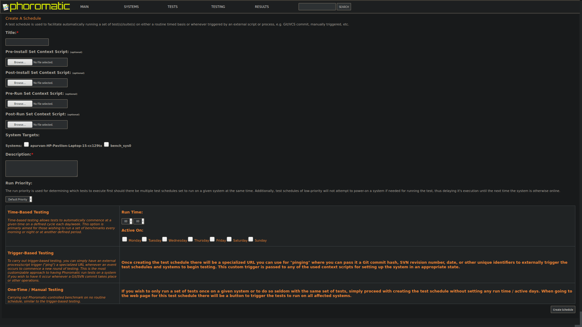 Phoromatic create test-schedule image